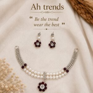 Ah Trends Minimalist Pearl Choker Set with Maroon Flower Pendant