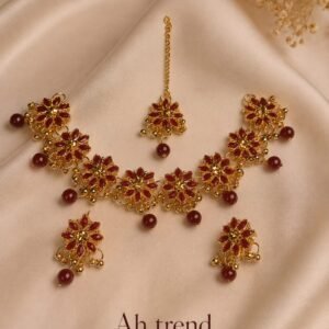 Antique Gold Maroon Floral Necklace Set with Earrings & Maang Tikka